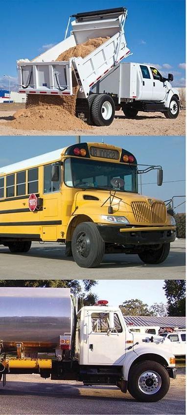 Photos of a dump truck, school bus, and tanker truck